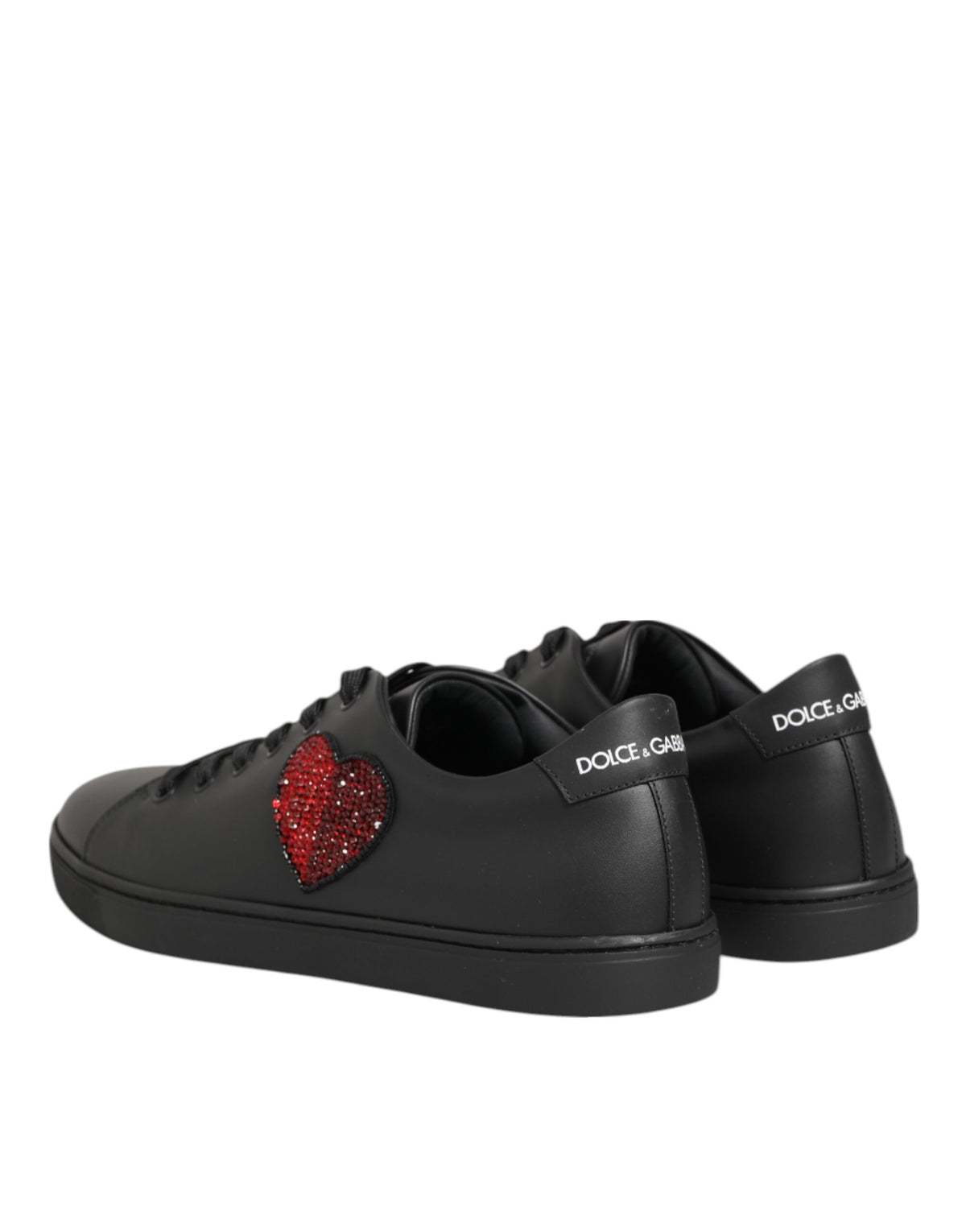 Dolce & Gabbana Black Leather Crystal Heart Sneakers  Shoes
