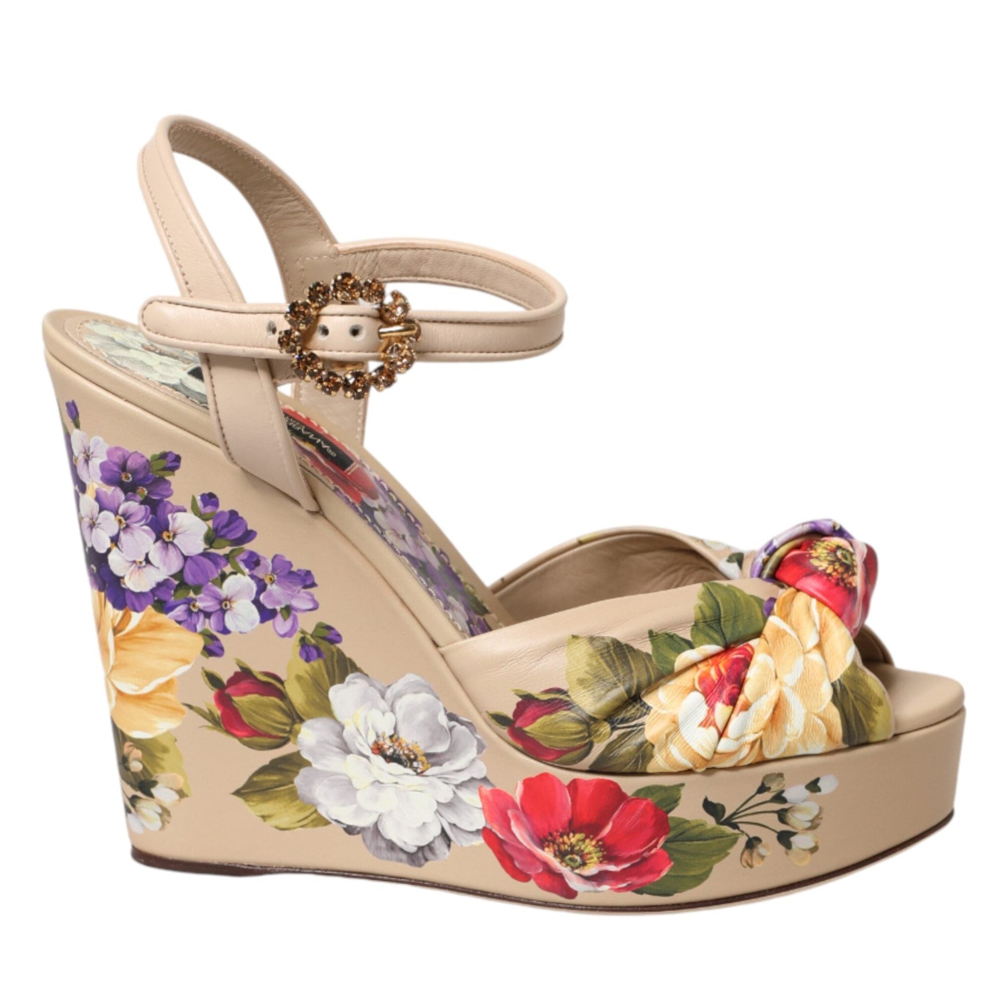 Dolce & Gabbana Beige Floral Ankle Strap Wedge