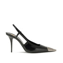 Black high-heeled shoe with a pointed toe on a white background