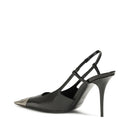 Black high-heeled shoe with a stiletto heel on a white background