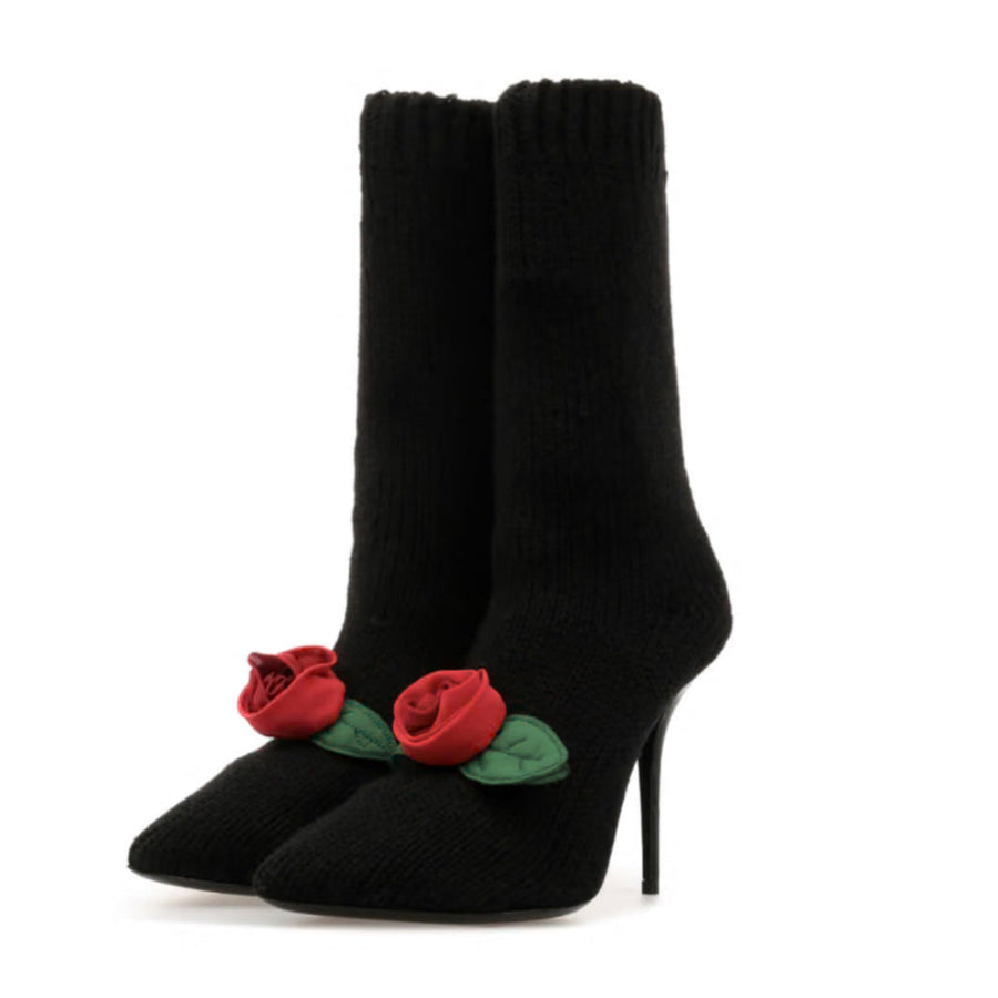 Dolce & Gabbana Black Stiletto Booties with Rose Embellishment