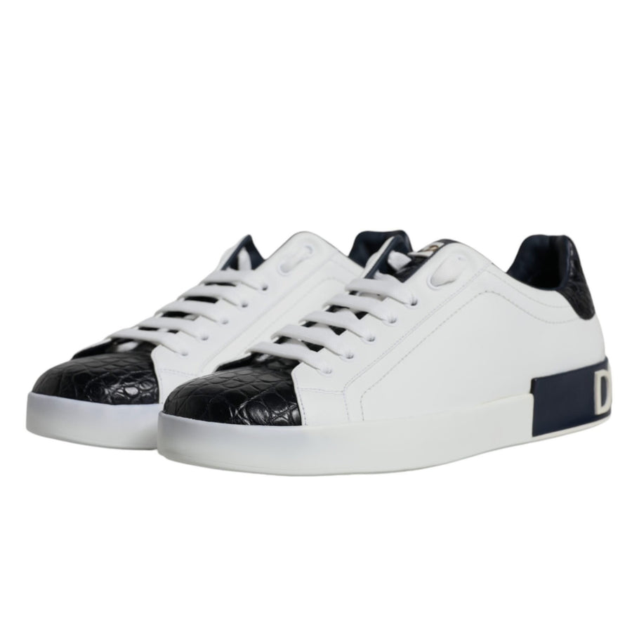 Dolce & Gabbana Portofino Calfskin & Croc Leather Sneakers — Black & White