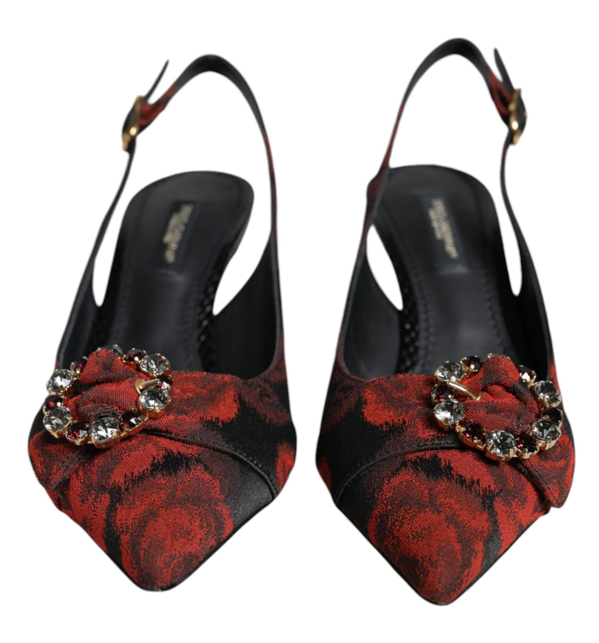 Dolce & Gabbana Black Red Floral Crystal Heel Slingback Shoes