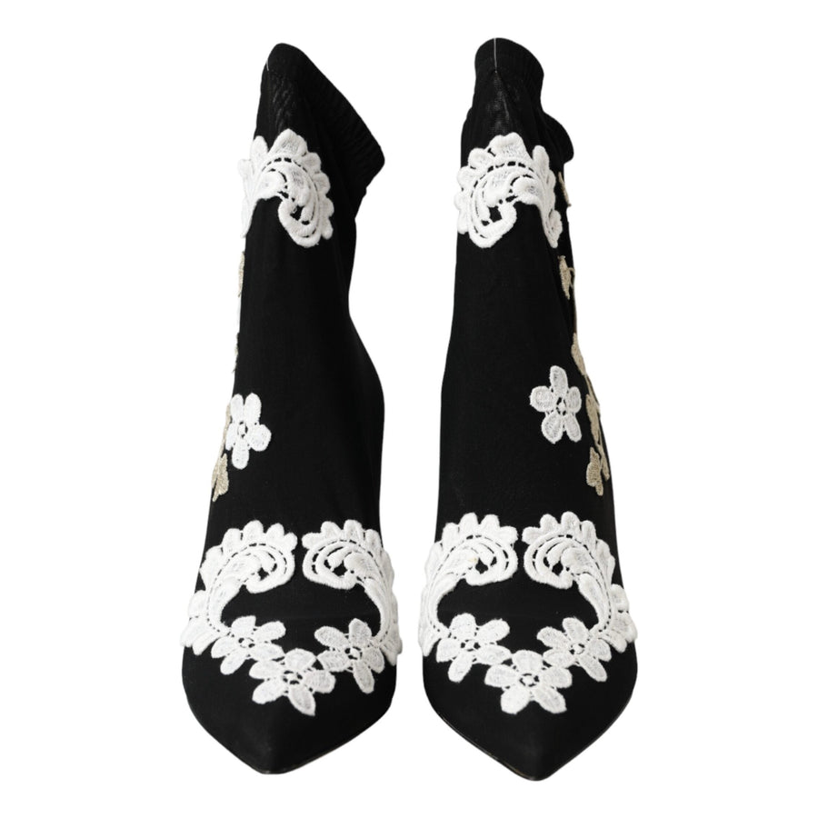 Dolce & Gabbana Black & White Embroidery Slip-On Booties