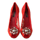 Dolce & Gabbana Red Lace Heels with Crystal Embellishment