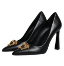 Versace Black Leather Logo Plaque High Heels Pumps Shoes