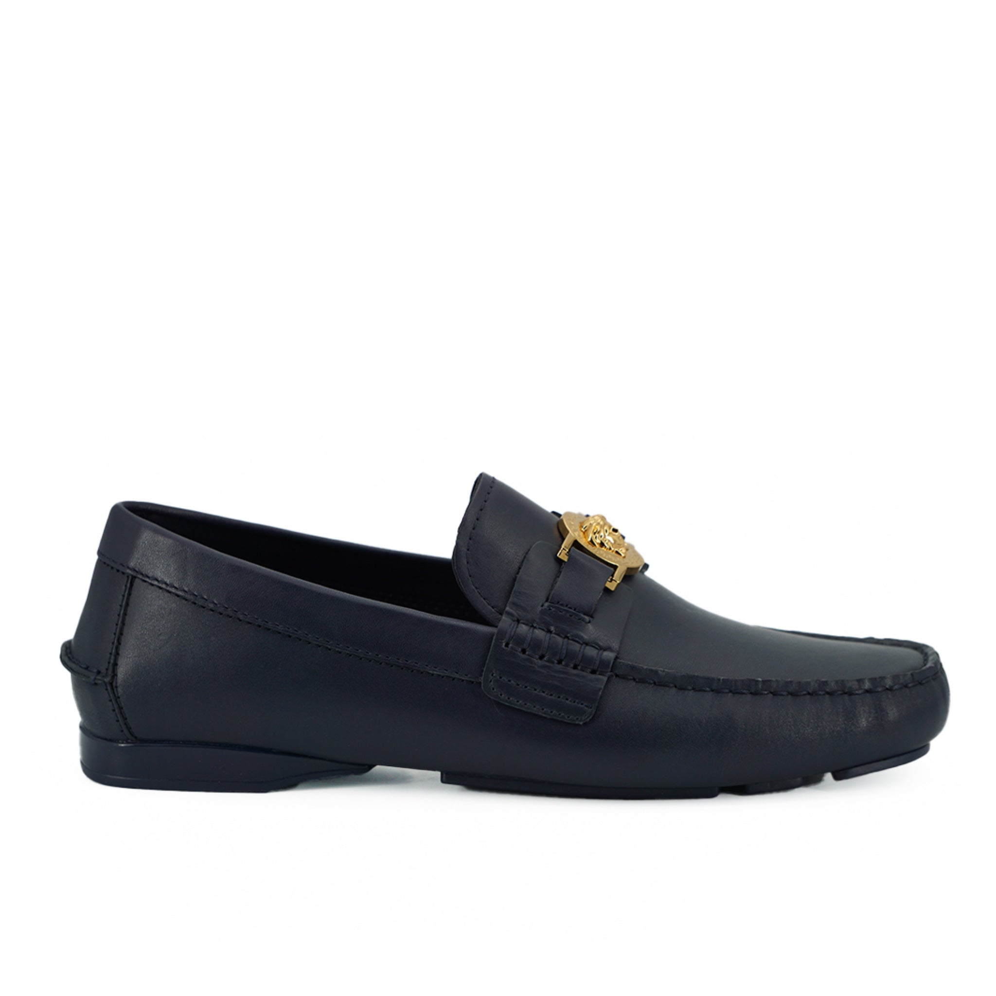 Versace Elegant Navy Blue Calf Leather Loafers