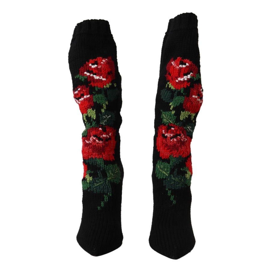 Dolce & Gabbana Black Stretch Boots with Red Roses