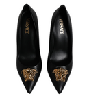 Versace Black Leather Logo Plaque High Heels Pumps Shoes