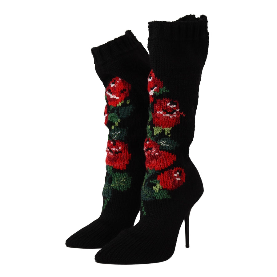 Dolce & Gabbana Black Stretch Boots with Red Roses