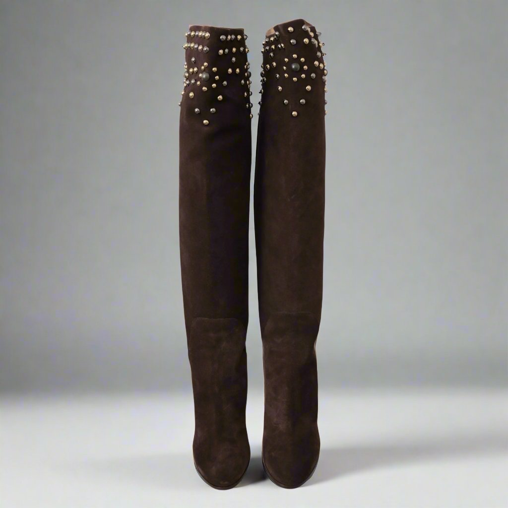 Dolce & Gabbana Studded Suede Knee High Boots in Brown