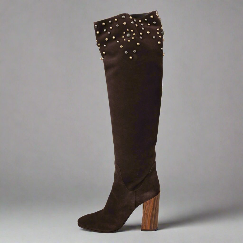 Dolce & Gabbana Studded Suede Knee High Boots in Brown